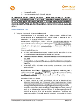  Principios de acción:
               1. Prometemos para cumplir. Mesa de acuerdo

SE TERMINÓ EN TIEMPO EXTRA LA DISCUSIÓN. LA MESA PROPUSO SEPARAR LIBERTAD E
IGUALDAD Y DEFINIR EN SEPARADA, SE LLEGÓ A UN ACUERDO EN CUANTO AL NÚMERO Y TIPO
DE LOS VALORES DEBÍA PERMANECER; TAMBIÉN SE PROPUSO CREAR ADICIONALMENTE UN
PRINCIPIO PROGRAMÁTICO QUE RESCATE LA FORMA Y LA INSTITUCIONALIDAD BÁSICA DEL
ESTADO.

Consensos Mesa 3: Ávila

   A. Visión del movimiento, herramientas y objetivos:
              Voluntad Popular es un movimiento social y político, plural y democrático que
              busca organizar a los venezolanos para juntos superar la pobreza en paz y
              democracia y así alcanzar la libertad y el progreso.
              Construiremos una patria justa, solidaria, prospera y respetuosa del ambiente; en
              donde todos los derechos sean para todas las personas, sin exclusión ni privilegios,
              de ciudadanos corresponsables y comprometidos con el ejercicio y defensa de los
              mismos.
              Argumentación del cambio:
               La visión se enmarca a mediano plazo (10 anos), donde la principal tarea del
                  estado venezolano en este momento es superar la pobreza.
               El elemento ambiente se agrega como forma de ratificación y compromiso con
                  este tema.
               Sin exclusión ni privilegios ratifica que no debe haber discriminación negativa
                  ni positiva.
               Se cambia la palabra activos por comprometidos ya que genera mayor sentido
                  responsabilidad

               Nos declaramos democráticos y deliberativos en lo político; solidarios, justos y
               activos en lo social; innovadores, inclusivos y responsables en lo económico;
               sensibles en lo ambiental. Por lo anterior, nos declaramos Progresistas.

               Argumentación de los cambios:
                Se sugirió cambiar la palabra participativo, (ya que la democracia lleva
                  implícita la participación), por deliberativos, ya que a través de una sociedad
                  que debate, se llega a consensos aceptados por quienes participan en ella.
                La palabra pragmáticos causo reacción en los participantes. No porque en el
                  fondo no se deba practicar (superar el debate de los dogmas económicos de
                  izquierda y derecha) si no por las posibles aplicaciones “antiéticas” que
                  sugieran una medida especifica. Se sugirió el término “innovadores” como una



Construyendo un manifiesto de abajo hacia arriba                                       Página 43
 