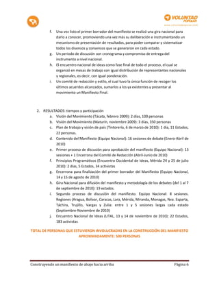 f. Una vez listo el primer borrador del manifiesto se realizó una gira nacional para
              darlo a conocer, promoviendo una vez más su deliberación e instrumentando un
              mecanismo de presentación de resultados, para poder comparar y sistematizar
              todos los disensos y consensos que se generaron en cada estado.
           g. Un periodo de discusión con cronograma y compromiso de entrega del
              instrumento a nivel nacional.
           h. El encuentro nacional de ideas como fase final de todo el proceso, el cual se
              organizó en mesas de trabajo con igual distribución de representantes nacionales
              y regionales, es decir, con igual ponderación.
           i. Un comité de redacción y estilo, el cual tuvo la única función de recoger los
              últimos acuerdos alcanzados, sumarlos a los ya existentes y presentar al
              movimiento un Manifiesto Final.



   2. RESULTADOS: tiempos y participación
         a. Visión del Movimiento (Tácata, febrero 2009): 2 días, 100 personas
         b. Visión del Movimiento (Maturín, noviembre 2009): 3 días, 350 personas
         c. Plan de trabajo y visión de país (Tintorería, 6 de marzo de 2010): 1 día, 11 Estados,
            22 personas.
         d. Contenido del Manifiesto (Equipo Nacional): 16 sesiones de debate (Enero-Abril de
            2010)
         e. Primer proceso de discusión para aprobación del manifiesto (Equipo Nacional): 13
            sesiones + 1 Encerrona del Comité de Redacción (Abril-Junio de 2010)
         f. Principios Programáticos (Encuentro Occidental de Ideas, Mérida 24 y 25 de julio
            2010): 2 días, 5 Estados, 34 activistas
         g. Encerrona para finalización del primer borrador del Manifiesto (Equipo Nacional,
            14 y 15 de agosto de 2010)
         h. Gira Nacional para difusión del manifiesto y metodología de los debates (del 1 al 7
            de septiembre de 2010): 19 estados.
         i. Segundo proceso de discusión del manifiesto. Equipo Nacional: 8 sesiones.
            Regiones (Aragua, Bolívar, Caracas, Lara, Mérida, Miranda, Monagas, Nva. Esparta,
            Táchira, Trujillo, Vargas y Zulia: entre 1 y 5 sesiones largas cada estado
            (Septiembre-Noviembre de 2010)
         j. Encuentro Nacional de Ideas (UTAL, 13 y 14 de noviembre de 2010): 22 Estados,
            183 activistas

TOTAL DE PERSONAS QUE ESTUVIERON INVOLUCRADAS EN LA CONSTRUCCIÓN DEL MANIFIESTO
                         APROXIMADAMENTE: 500 PERSONAS




Construyendo un manifiesto de abajo hacia arriba                                        Página 6
 