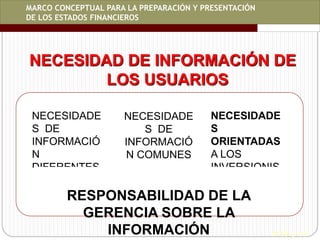 NECESIDAD DE INFORMACIÓN DE
LOS USUARIOS
P-10 y 11
DIRECCIÓN
TÉCNICA
NECESIDADE
S DE
INFORMACIÓ
N
DIFERENTES
NECESIDADE
S DE
INFORMACIÓ
N COMUNES
NECESIDADE
S
ORIENTADAS
A LOS
INVERSIONIS
TAS
RESPONSABILIDAD DE LA
GERENCIA SOBRE LA
INFORMACIÓN
MARCO CONCEPTUAL PARA LA PREPARACIÓN Y PRESENTACIÓN
DE LOS ESTADOS FINANCIEROS
 
