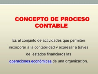 CONCEPTO DE PROCESO
CONTABLE
Es el conjunto de actividades que permiten
incorporar a la contabilidad y expresar a través
de estados financieros las
operaciones económicas de una organización.
 