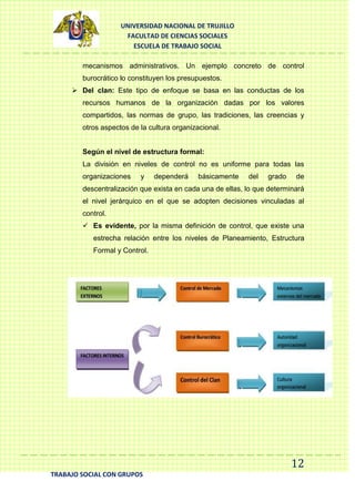 UNIVERSIDAD NACIONAL DE TRUJILLO
FACULTAD DE CIENCIAS SOCIALES
ESCUELA DE TRABAJO SOCIAL
mecanismos administrativos. Un ejemplo concreto de control
burocrático lo constituyen los presupuestos.
 Del clan: Este tipo de enfoque se basa en las conductas de los
recursos humanos de la organización dadas por los valores
compartidos, las normas de grupo, las tradiciones, las creencias y
otros aspectos de la cultura organizacional.
Según el nivel de estructura formal:
La división en niveles de control no es uniforme para todas las
organizaciones

y

dependerá

básicamente

del

grado

de

descentralización que exista en cada una de ellas, lo que determinará
el nivel jerárquico en el que se adopten decisiones vinculadas al
control.
 Es evidente, por la misma definición de control, que existe una
estrecha relación entre los niveles de Planeamiento, Estructura
Formal y Control.

12
TRABAJO SOCIAL CON GRUPOS

 