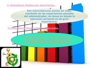 2. Estándares fijados por apreciación.
Son esencialmente juicios de valor,
resultado de las experiencias pasadas
del administrador, en áreas en donde la
ejecución personal es de gran
importancia.
3. Estándares técnicamente elaborados.
Son aquéllos que se fundamentan en
un estudio objetivo y cuantitativo de
una situación de trabajo específica.
 