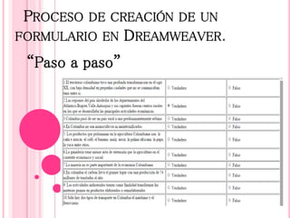 PROCESO DE CREACIÓN DE UN 
FORMULARIO EN DREAMWEAVER. 
“Paso a paso” 
 