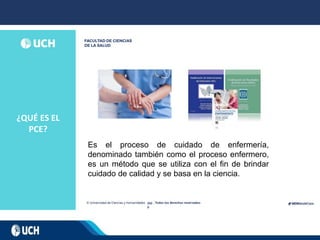 ¿QUÉ ES EL
PCE?
202
0
Es el proceso de cuidado de enfermería,
denominado también como el proceso enfermero,
es un método que se utiliza con el fin de brindar
cuidado de calidad y se basa en la ciencia.
 