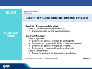 Actualización
NANDA
NUEVOS DIAGNOSTICOS ENFERMEROS 2018-2020
Dominio 1 Promoción de la salud
Clase 1 Toma de conciencia de la salud:
✔ Disposición para mejorar la alfabetización.
Dominio 2 Nutrición
Clase 1 Ingestión:
✔ Dinámica de comidas ineficaz del adolescente.
✔ Dinámica de comidas ineficaz del pre escolar y escolar.
✔ Dinámica de comidas ineficaz del lactante.
✔ Dinámica de comidas ineficaz del adolescente.
Clase 4 Metabolismo:
✔ Riesgo de síndrome de desequilibrio metabólico.
 