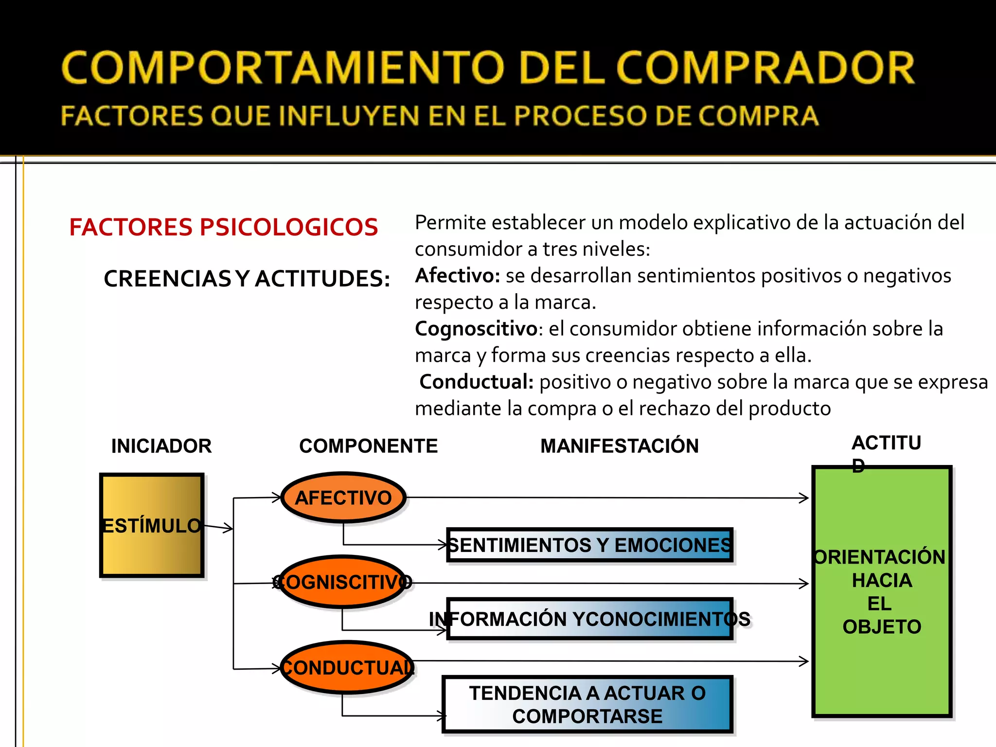 FACTORES PSICOLOGICOS
CREENCIASY ACTITUDES:
Permite establecer un modelo explicativo de la actuación del
consumidor a tres niveles:
Afectivo: se desarrollan sentimientos positivos o negativos
respecto a la marca.
Cognoscitivo: el consumidor obtiene información sobre la
marca y forma sus creencias respecto a ella.
Conductual: positivo o negativo sobre la marca que se expresa
mediante la compra o el rechazo del producto
ESTÍMULO
CONDUCTUAL
COGNISCITIVO
AFECTIVO
SENTIMIENTOS Y EMOCIONES
INFORMACIÓN YCONOCIMIENTOS
TENDENCIA A ACTUAR O
COMPORTARSE
ORIENTACIÓN
HACIA
EL
OBJETO
INICIADOR COMPONENTE MANIFESTACIÓN ACTITU
D
 