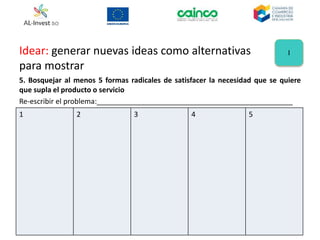 Idear: generar nuevas ideas como alternativas
para mostrar
5. Bosquejar al menos 5 formas radicales de satisfacer la necesidad que se quiere
que supla el producto o servicio
Re-escribir el problema:_________________________________________________
1 2 3 4 5
I
 