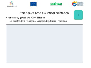 Iteración en base a la retroalimentación
7. Reflexiona y genera una nueva solución
• Haz bocetos de la gran idea, escribe los detalles si es necesario
I
 