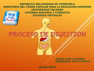 REPUBLICA BOLIVARIANA DE VENEZUELA
MINISTERIO DEL PODER POPULAR PARA LA EDUCACION SUPERIOR
UNIVERSIDAD YACAMBU
CATEDRA: BIOLOGIA Y CONDUCTA
ESTUDIOS VIRTUALES
AUTOR: KARLA ESCOBAR
EXPEDIENTE: HPS-152-00203V
JULIO, 2015
 