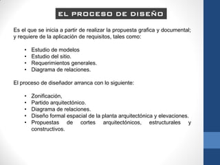 EL PROCESO DE DISEÑO

Es el que se inicia a partir de realizar la propuesta grafica y documental;
y requiere de la aplicación de requisitos, tales como:

    •   Estudio de modelos
    •   Estudio del sitio.
    •   Requerimientos generales.
    •   Diagrama de relaciones.

El proceso de diseñador arranca con lo siguiente:

    •   Zonificación,
    •   Partido arquitectónico.
    •   Diagrama de relaciones.
    •   Diseño formal espacial de la planta arquitectónica y elevaciones.
    •   Propuestas de cortes arquitectónicos, estructurales y
        constructivos.
 