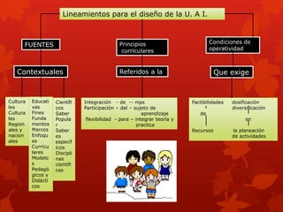 Lineamientos para el diseño de la U. A I.



                                              Principios                          Condiciones de
      FUENTES
                                               curriculares                       operatividad



   Contextuales                               Referidos a la                         Que exige



Cultura   Educati   Científi   Integración - de -- nips                   Factibilidades   dosificación
les       vas       cos        Participación – del – sujeto de                             diversificación
Cultura   Fines     Saber                                aprendizaje         de
les       Funda     Popula      flexibilidad - para – integrar teoría y                          en
Region    mentos    r                                  practica
ales y    Marcos    Saber                                                 Recursos         la planeación
nacion    Enfoqu    es                                                                     de actividades
ales      es        específ
          Curricu   icos
          lares     Discipli
          Modelo    nas
          s         científi
          Pedagó    cas
          gicos y
          Didácti
          cos
 