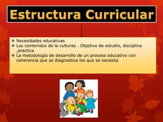  Necesidades educativas
 Los contenidos de la culturas . Objetivo de estudio, disciplina
  ,practica
 La metodología de desarrollo de un proceso educativo con
  coherencia que se diagnostica los que se necesita
 