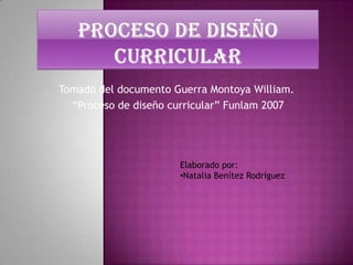 Tomado del documento Guerra Montoya William.
  “Proceso de diseño curricular” Funlam 2007




                      Elaborado por:
                      •Natalia Benítez Rodríguez
 