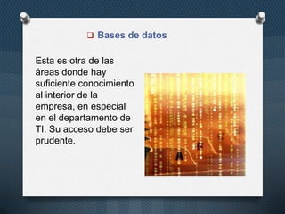  Bases de datos

Esta es otra de las
áreas donde hay
suficiente conocimiento
al interior de la
empresa, en especial
en el departamento de
TI. Su acceso debe ser
prudente.

 