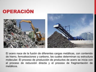 OPERACIÓN
El acero nace de la fusión de diferentes cargas metálicas, con contenido
de hierro, ferroaleaciones y carbono, las cuales determinan su estructura
molecular. El proceso de producción de productos de acero se inicia con
el proceso de reducción directa y el proceso de fragmentación de
metálicos.
 