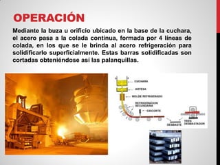 OPERACIÓN
Mediante la buza u orificio ubicado en la base de la cuchara,
el acero pasa a la colada continua, formada por 4 líneas de
colada, en los que se le brinda al acero refrigeración para
solidificarlo superficialmente. Estas barras solidificadas son
cortadas obteniéndose así las palanquillas.
 
