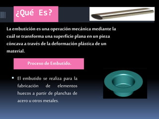 ¿Qué Es?
Procesode Embutido.
 El embutido se realiza para la
fabricación de elementos
huecos a partir de planchas de
acero u otros metales.
La embutición es una operación mecánica mediante la
cuál se transforma una superficie plana en un pieza
cóncava a través de la deformaciónplástica de un
material.
 