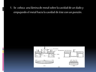 1. Se coloca unaláminade metal sobre lacavidad de un dado y
empujando el metal haciala cavidadde éste con un punzón.
 