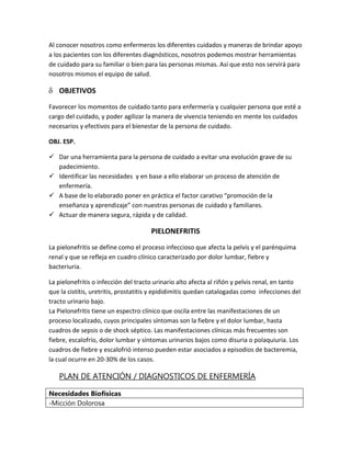 Al conocer nosotros como enfermeros los diferentes cuidados y maneras de brindar apoyo
a los pacientes con los diferentes diagnósticos, nosotros podemos mostrar herramientas
de cuidado para su familiar o bien para las personas mismas. Así que esto nos servirá para
nosotros mismos el equipo de salud.

OBJETIVOS
Favorecer los momentos de cuidado tanto para enfermería y cualquier persona que esté a
cargo del cuidado, y poder agilizar la manera de vivencia teniendo en mente los cuidados
necesarios y efectivos para el bienestar de la persona de cuidado.
OBJ. ESP.
 Dar una herramienta para la persona de cuidado a evitar una evolución grave de su
padecimiento.
 Identificar las necesidades y en base a ello elaborar un proceso de atención de
enfermería.
 A base de lo elaborado poner en práctica el factor carativo “promoción de la
enseñanza y aprendizaje” con nuestras personas de cuidado y familiares.
 Actuar de manera segura, rápida y de calidad.

PIELONEFRITIS
La pielonefritis se define como el proceso infeccioso que afecta la pelvis y el parénquima
renal y que se refleja en cuadro clínico caracterizado por dolor lumbar, fiebre y
bacteriuria.
La pielonefritis o infección del tracto urinario alto afecta al riñón y pelvis renal, en tanto
que la cistitis, uretritis, prostatitis y epididimitis quedan catalogadas como infecciones del
tracto urinario bajo.
La Pielonefritis tiene un espectro clínico que oscila entre las manifestaciones de un
proceso localizado, cuyos principales síntomas son la fiebre y el dolor lumbar, hasta
cuadros de sepsis o de shock séptico. Las manifestaciones clínicas más frecuentes son
fiebre, escalofrío, dolor lumbar y síntomas urinarios bajos como disuria o polaquiuria. Los
cuadros de fiebre y escalofrió intenso pueden estar asociados a episodios de bacteremia,
la cual ocurre en 20-30% de los casos.

PLAN DE ATENCIÓN / DIAGNOSTICOS DE ENFERMERÍA
Necesidades Biofísicas
-Micción Dolorosa

 