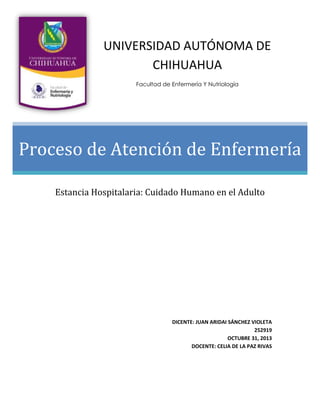 UNIVERSIDAD AUTÓNOMA DE
CHIHUAHUA
Facultad de Enfermería Y Nutriología

Proceso de Atención de Enfermería
Estancia Hospitalaria: Cuidado Humano en el Adulto

DICENTE: JUAN ARIDAI SÁNCHEZ VIOLETA
252919
OCTUBRE 31, 2013
DOCENTE: CELIA DE LA PAZ RIVAS

 