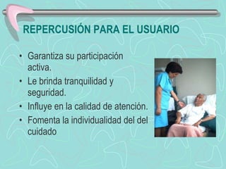 REPERCUSIÓN PARA EL USUARIO Garantiza su participación activa. Le brinda tranquilidad y seguridad. Influye en la calidad de atención. Fomenta la individualidad del del cuidado 