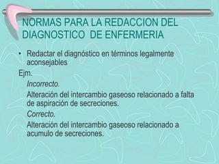 NORMAS PARA LA REDACCION DEL DIAGNOSTICO  DE ENFERMERIA Redactar el diagnóstico en términos legalmente aconsejables Ejm. Incorrecto. Alteración del intercambio gaseoso relacionado a falta de aspiración de secreciones. Correcto. Alteración del intercambio gaseoso relacionado a acumulo de secreciones. 