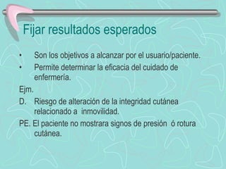 Fijar resultados esperados Son los objetivos a alcanzar por el usuario/paciente. Permite determinar la eficacia del cuidado de enfermería. Ejm. Riesgo de alteración de la integridad cutánea relacionado a  inmovilidad. PE. El paciente no mostrara signos de presión  ó rotura cutánea. 