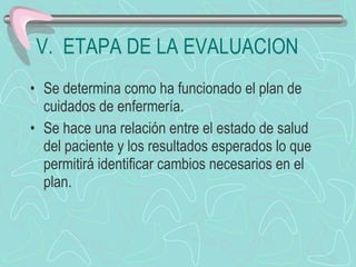V.  ETAPA DE LA EVALUACION Se determina como ha funcionado el plan de cuidados de enfermería. Se hace una relación entre el estado de salud del paciente y los resultados esperados lo que permitirá identificar cambios necesarios en el plan. 