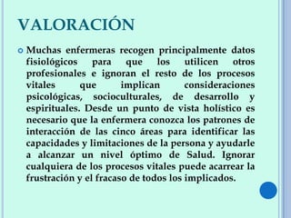 VALORACIÓN
 Muchas enfermeras recogen principalmente datos
fisiológicos para que los utilicen otros
profesionales e ignoran el resto de los procesos
vitales que implican consideraciones
psicológicas, socioculturales, de desarrollo y
espirituales. Desde un punto de vista holístico es
necesario que la enfermera conozca los patrones de
interacción de las cinco áreas para identificar las
capacidades y limitaciones de la persona y ayudarle
a alcanzar un nivel óptimo de Salud. Ignorar
cualquiera de los procesos vitales puede acarrear la
frustración y el fracaso de todos los implicados.
 