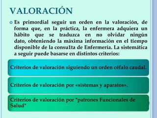 VALORACIÓN
 Es primordial seguir un orden en la valoración, de
forma que, en la práctica, la enfermera adquiera un
hábito que se traduzca en no olvidar ningún
dato, obteniendo la máxima información en el tiempo
disponible de la consu1ta de Enfermería. La sistemática
a seguir puede basarse en distintos criterios:
Criterios de valoración siguiendo un orden céfalo caudal.
Criterios de valoración por «sistemas y aparatos».
Criterios de valoración por "patrones Funcionales de
Salud"
 