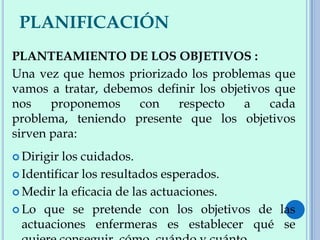 PLANIFICACIÓN
PLANTEAMIENTO DE LOS OBJETIVOS :
Una vez que hemos priorizado los problemas que
vamos a tratar, debemos definir los objetivos que
nos proponemos con respecto a cada
problema, teniendo presente que los objetivos
sirven para:
 Dirigir los cuidados.
 Identificar los resultados esperados.
 Medir la eficacia de las actuaciones.
 Lo que se pretende con los objetivos de las
actuaciones enfermeras es establecer qué se
 
