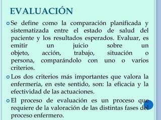 EVALUACIÓN
 Se define como la comparación planificada y
sistematizada entre el estado de salud del
paciente y los resultados esperados. Evaluar, es
emitir un juicio sobre un
objeto, acción, trabajo, situación o
persona, comparándolo con uno o varios
criterios.
 Los dos criterios más importantes que valora la
enfermería, en este sentido, son: la eficacia y la
efectividad de las actuaciones.
 El proceso de evaluación es un proceso que
requiere de la valoración de las distintas fases del
proceso enfermero.
 