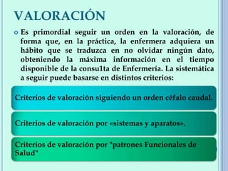 VALORACIÓN
 Es primordial seguir un orden en la valoración, de
forma que, en la práctica, la enfermera adquiera un
hábito que se traduzca en no olvidar ningún dato,
obteniendo la máxima información en el tiempo
disponible de la consu1ta de Enfermería. La sistemática
a seguir puede basarse en distintos criterios:
Criterios de valoración siguiendo un orden céfalo caudal.
Criterios de valoración por «sistemas y aparatos».
Criterios de valoración por "patrones Funcionales de
Salud"
 