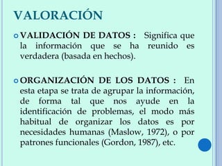 VALORACIÓN
 VALIDACIÓN DE DATOS : Significa que
la información que se ha reunido es
verdadera (basada en hechos).
 ORGANIZACIÓN DE LOS DATOS : En
esta etapa se trata de agrupar la información,
de forma tal que nos ayude en la
identificación de problemas, el modo más
habitual de organizar los datos es por
necesidades humanas (Maslow, 1972), o por
patrones funcionales (Gordon, 1987), etc.
 