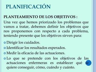 PLANIFICACIÓN
PLANTEAMIENTO DE LOS OBJETIVOS :
Una vez que hemos priorizado los problemas que
vamos a tratar, debemos definir los objetivos que
nos proponemos con respecto a cada problema,
teniendo presente que los objetivos sirven para:
 Dirigir los cuidados.
 Identificar los resultados esperados.
 Medir la eficacia de las actuaciones.
 Lo que se pretende con los objetivos de las
actuaciones enfermeras es establecer qué se
quiere conseguir, cómo, cuándo y cuánto.
 