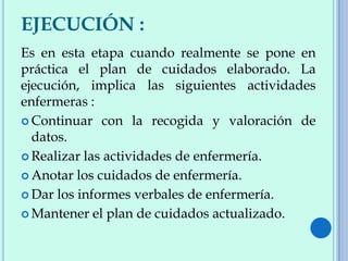 EJECUCIÓN :
Es en esta etapa cuando realmente se pone en
práctica el plan de cuidados elaborado. La
ejecución, implica las siguientes actividades
enfermeras :
 Continuar con la recogida y valoración de
datos.
 Realizar las actividades de enfermería.
 Anotar los cuidados de enfermería.
 Dar los informes verbales de enfermería.
 Mantener el plan de cuidados actualizado.
 