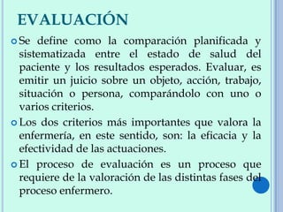 EVALUACIÓN
 Se define como la comparación planificada y
sistematizada entre el estado de salud del
paciente y los resultados esperados. Evaluar, es
emitir un juicio sobre un objeto, acción, trabajo,
situación o persona, comparándolo con uno o
varios criterios.
 Los dos criterios más importantes que valora la
enfermería, en este sentido, son: la eficacia y la
efectividad de las actuaciones.
 El proceso de evaluación es un proceso que
requiere de la valoración de las distintas fases del
proceso enfermero.
 