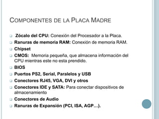 Componentes de la Placa MadreZócalo del CPU: Conexión del Procesador a la Placa.