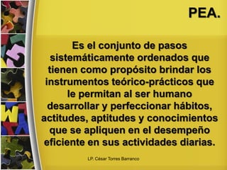 PEA.
Es el conjunto de pasos
sistemáticamente ordenados que
tienen como propósito brindar los
instrumentos teórico-prácticos que
le permitan al ser humano
desarrollar y perfeccionar hábitos,
actitudes, aptitudes y conocimientos
que se apliquen en el desempeño
eficiente en sus actividades diarias.
LP. César Torres Barranco
 