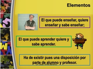 Elementos
El que puede enseñar, quiere
enseñar y sabe enseñar;
El que puede aprender quiere y
sabe aprender.
Ha de existir pues una disposición por
parte de alumno y profesor.LP. César Torres Barranco
 