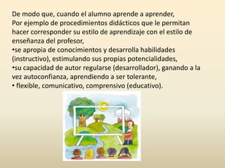 De modo que, cuando el alumno aprende a aprender,
Por ejemplo de procedimientos didácticos que le permitan
hacer corresponder su estilo de aprendizaje con el estilo de
enseñanza del profesor,
•se apropia de conocimientos y desarrolla habilidades
(instructivo), estimulando sus propias potencialidades,
•su capacidad de autor regularse (desarrollador), ganando a la
vez autoconfianza, aprendiendo a ser tolerante,
• flexible, comunicativo, comprensivo (educativo).
 