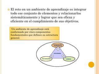  El reto en un ambiente de aprendizaje es integrar
todo ese conjunto de elementos y relacionarlos
sistemáticamente y lograr que sea eficaz y
eficiente en el cumplimiento de sus objetivos.
Un ambiente de aprendizaje está
conformado por cinco componentes
fundamentales que definen su estructura
general.
 