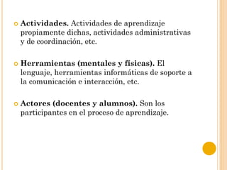  Actividades. Actividades de aprendizaje
propiamente dichas, actividades administrativas
y de coordinación, etc.
 Herramientas (mentales y físicas). El
lenguaje, herramientas informáticas de soporte a
la comunicación e interacción, etc.
 Actores (docentes y alumnos). Son los
participantes en el proceso de aprendizaje.
 