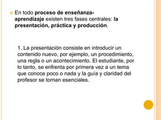  En todo proceso de enseñanza-
aprendizaje existen tres fases centrales: la
presentación, práctica y producción.
1. La presentación consiste en introducir un
contenido nuevo, por ejemplo, un procedimiento,
una regla o un acontecimiento. El estudiante, por
lo tanto, se enfrenta por primera vez a un tema
que conoce poco o nada y la guía y claridad del
profesor se tornan esenciales.
 