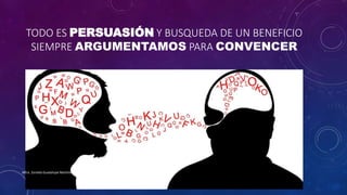 TODO ES PERSUASIÓN Y BUSQUEDA DE UN BENEFICIO
SIEMPRE ARGUMENTAMOS PARA CONVENCER
Mtra. Zoraida Guadalupe Martínez Alvarado
 