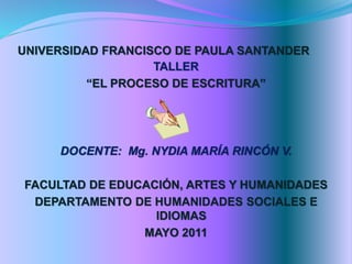 UNIVERSIDAD FRANCISCO DE PAULA SANTANDER 
TALLER 
“EL PROCESO DE ESCRITURA” 
DOCENTE: Mg. NYDIA MARÍA RINCÓN V. 
FACULTAD DE EDUCACIÓN, ARTES Y HUMANIDADES 
DEPARTAMENTO DE HUMANIDADES SOCIALES E 
IDIOMAS 
MAYO 2011 
 