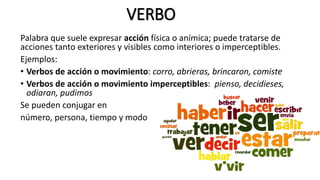 VERBO
Palabra que suele expresar acción física o anímica; puede tratarse de
acciones tanto exteriores y visibles como interiores o imperceptibles.
Ejemplos:
• Verbos de acción o movimiento: corro, abrieras, brincaron, comiste
• Verbos de acción o movimiento imperceptibles: pienso, decidieses,
odiaran, pudimos
Se pueden conjugar en
número, persona, tiempo y modo
 