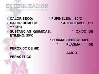    CALOR SECO:        * PUPINELES: 180ºC
   CALOR HUMEDO:             * AUTOCLAVES: 121
    Y 134ºC
   SUSTANCIAS QUIMICAS:            * OXIDO DE
    ETILENO: 55ºC
                        * FORMALDEHÍDO: 60ºC
                            *    PLASMA      DE
    PERÓXIDO DE HID.
                                 ACIDO
    PERACETICO
 