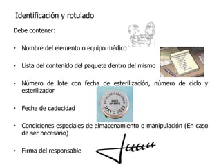 Identificación y rotulado
Debe contener:

• Nombre del elemento o equipo médico

• Lista del contenido del paquete dentro del mismo

• Número de lote con fecha de esterilización, número de ciclo y
  esterilizador

• Fecha de caducidad

• Condiciones especiales de almacenamiento o manipulación (En caso
  de ser necesario)

• Firma del responsable
 