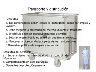 Transporte y distribución

  Requisitos
  a. Los contenedores deben resistir la perforación, deben ser limpios y
  lavables.
  b. Debe asegurar la protección del material durante el transporte
  c. El vehículo debe ser exclusivo para esta actividad.
  d. Separar lo estéril de lo no estéril sin que tengan contacto.
  e. Mantener la bioseguridad por parte de los manipuladores
  f. Demostrar políticas de asepsia y antisepsia

Requisitos del personal:
a. Entrenamiento en bioseguridad y control de
infecciones
b. Comportamiento en área quirúrgica
c. Elementos de protección personal.
 